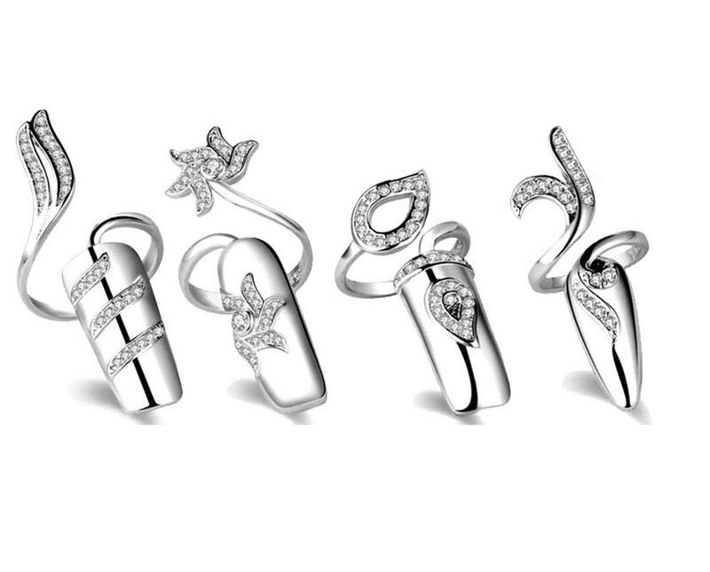 Suoirblss 4 PCS Rhinestone Finger Tip Nail Ring Adjustable Opening Nail Art Charms Accessories Silver Women's Fashion Protecting Fingernail - Image 1